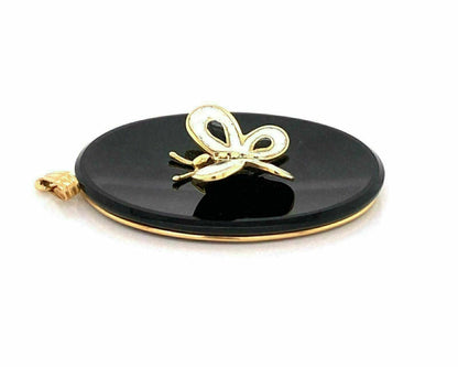 Onyx Enamel Butterfly 14k Yellow Gold Oval Pendant