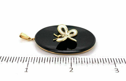 Onyx Enamel Butterfly 14k Yellow Gold Oval Pendant