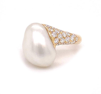 Mikimoto 18k Yellow Gold Diamond Pearl Ring