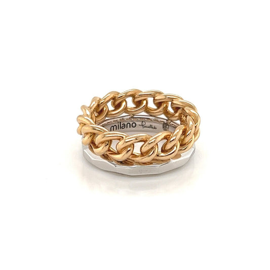 Pomellato Milano 18k Two Tone Gold Chain & Bevel Style Double Stack Band Ring | Rings | bands, catalog, Designer Jewelry, Rings, Roberto Coin | Pomellato