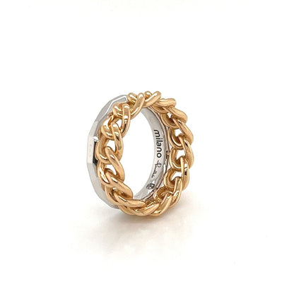 Pomellato Milano 18k Two Tone Gold Chain & Bevel Style Double Stack Band Ring