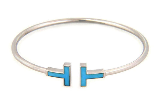 Tiffany T Wire Turquoise 18k White Gold Flex Cuff Bangle Bracelet