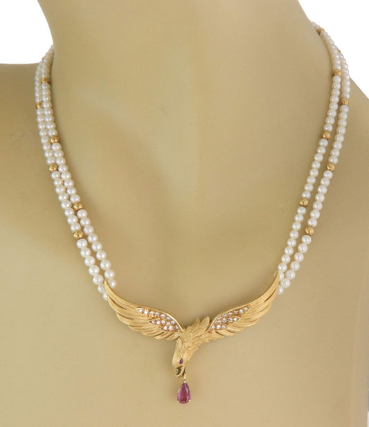 Carrera y Carrera Ruby Diamond Pearls 18k Yellow Gold Eagle Necklace