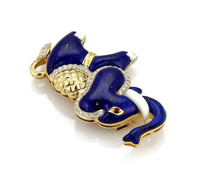 Lapis Ruby & Mother of Pearl 18k Gold Diamond  Elephant Pin Brooch Pendant