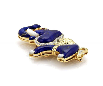 Lapis Ruby & Mother of Pearl 18k Gold Diamond  Elephant Pin Brooch Pendant