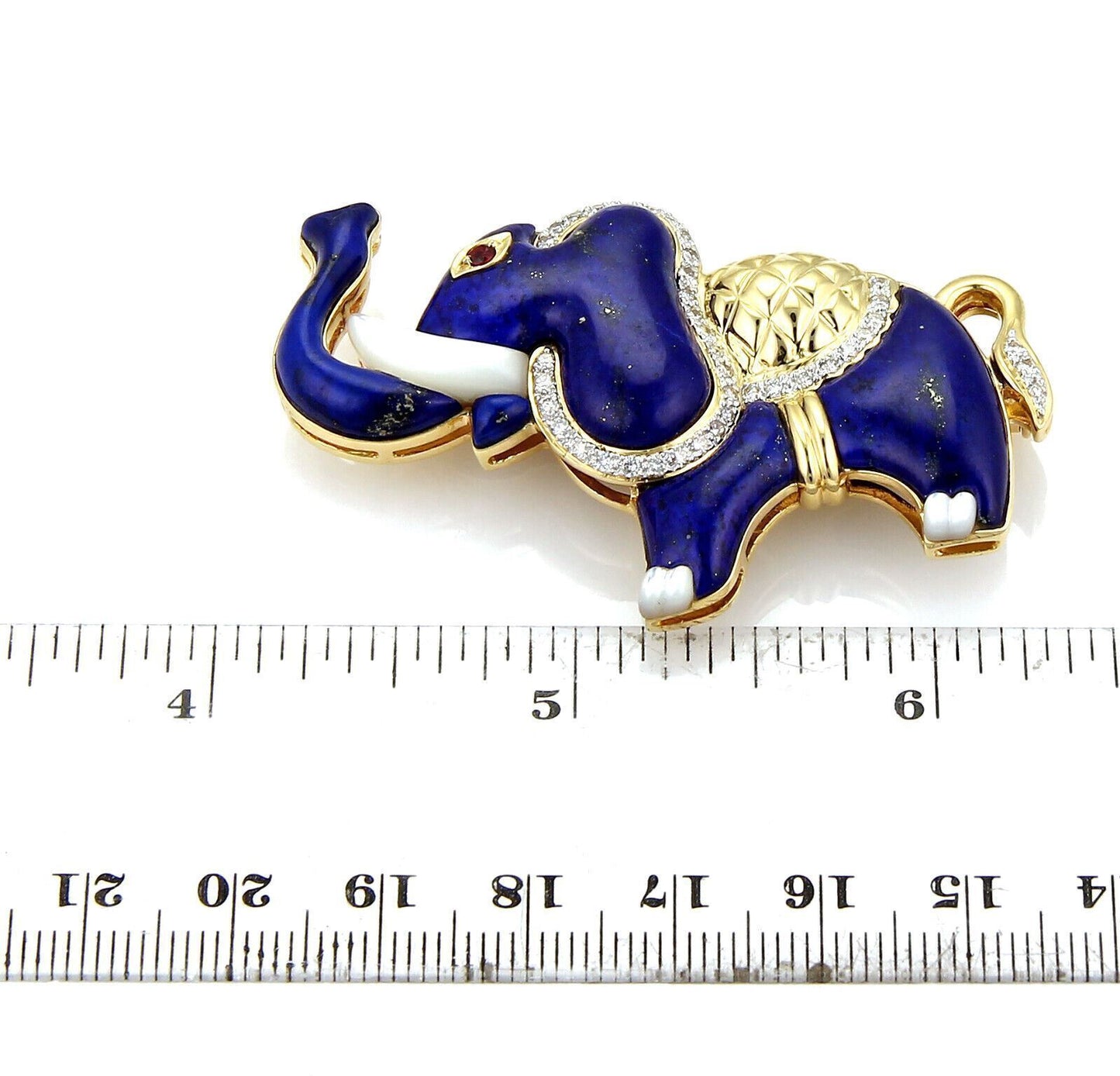 Lapis Ruby & Mother of Pearl 18k Gold Diamond  Elephant Pin Brooch Pendant