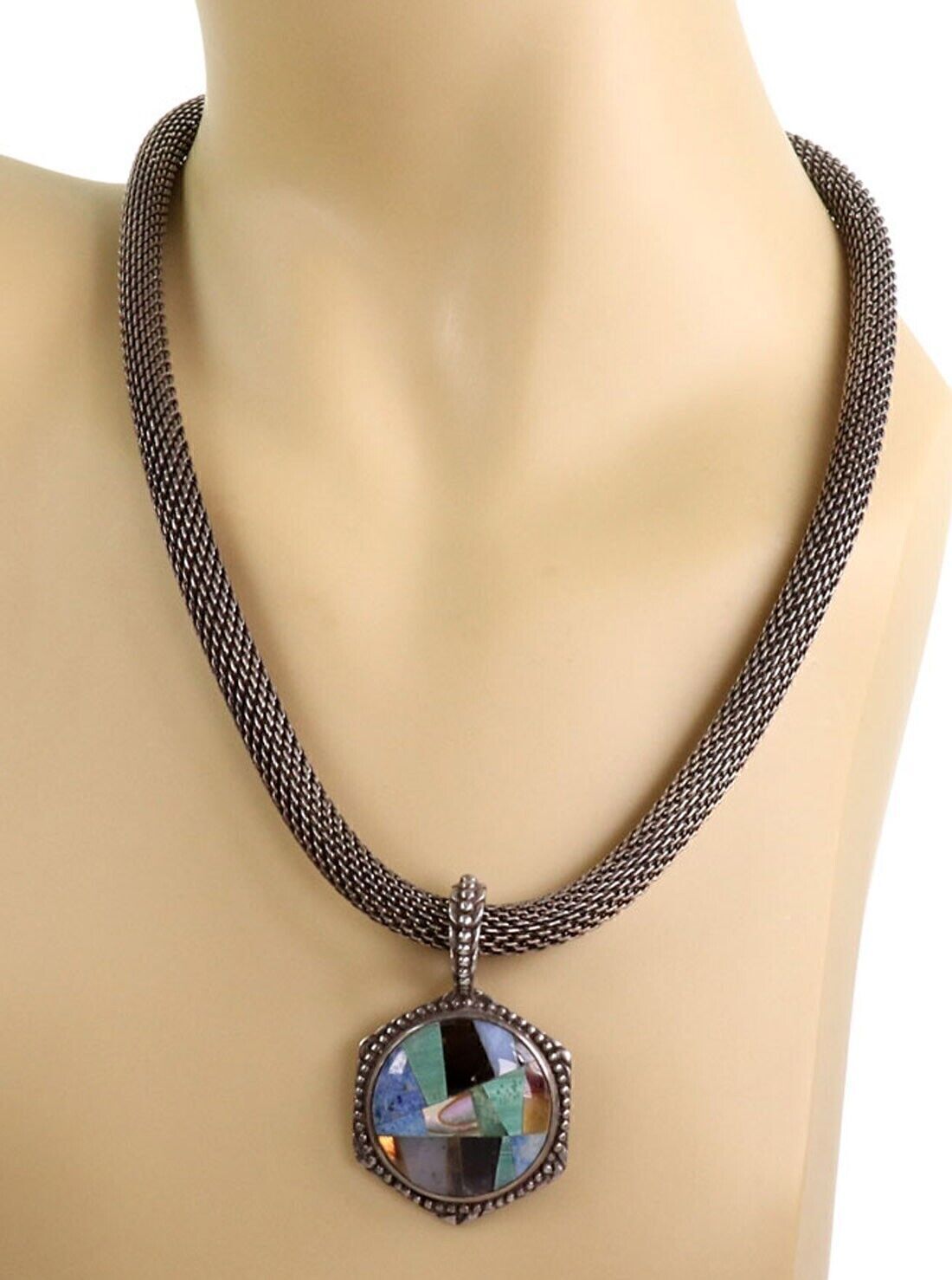 Stephen Dweck Multicolor Gems Inlaid Sterling Silver Pendant & Mesh Necklace | Necklaces | catalog, Designer Jewelry, Necklaces, Pendants, stephen Dweck | Stephen Dweck