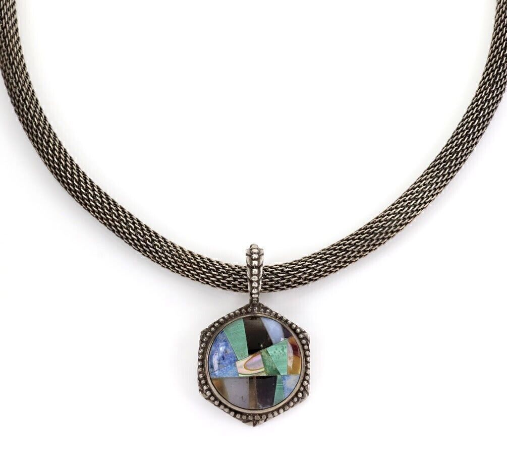 Stephen Dweck Multi Inlaid Gems & Sterling Silver Mesh Pendant Necklace