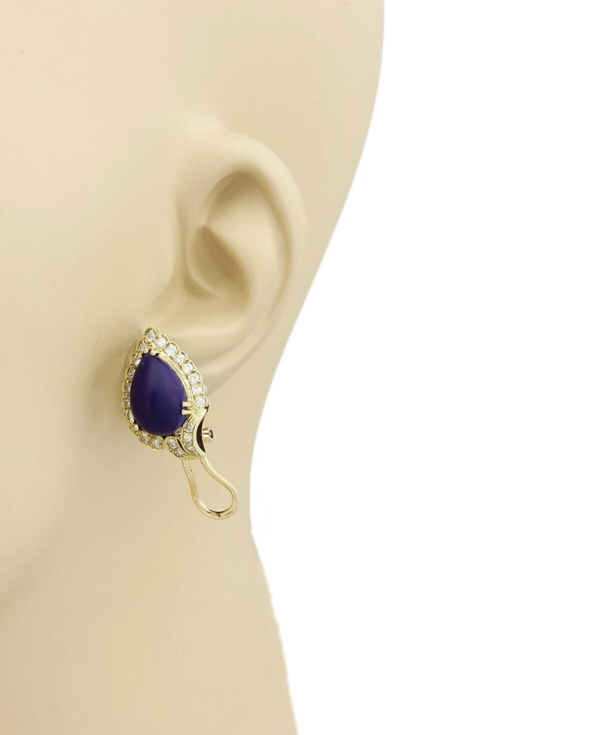 Diamonds & Pear Shape Lapis 14k Yellow Gold Stud Earrings