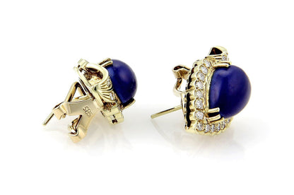 Diamonds & Pear Shape Lapis 14k Yellow Gold Stud Earrings