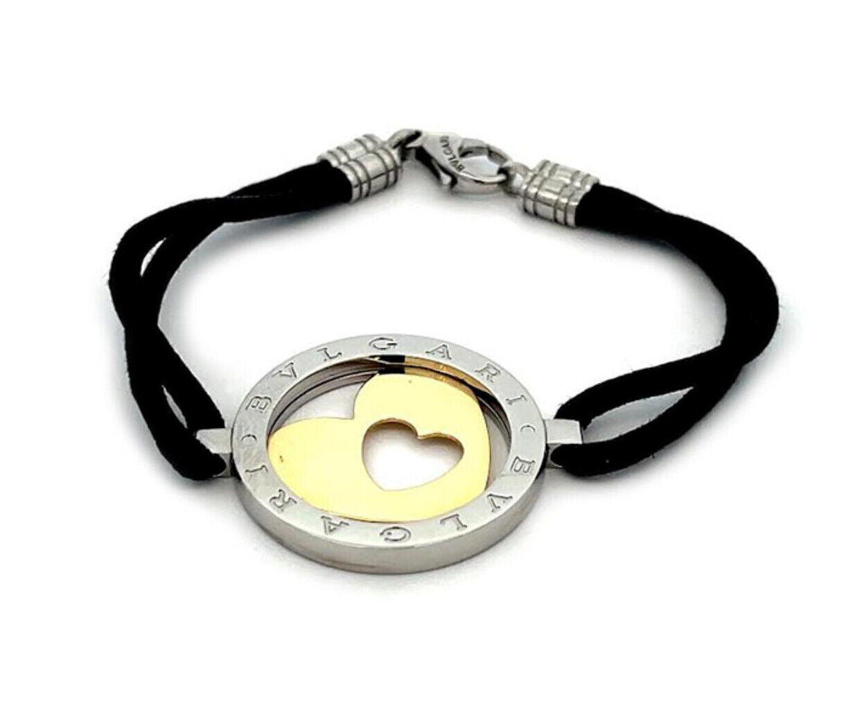 Bvlgari Tondo 18k Yellow Gold & Steel Heart Circle Charm & Cord Bracelet