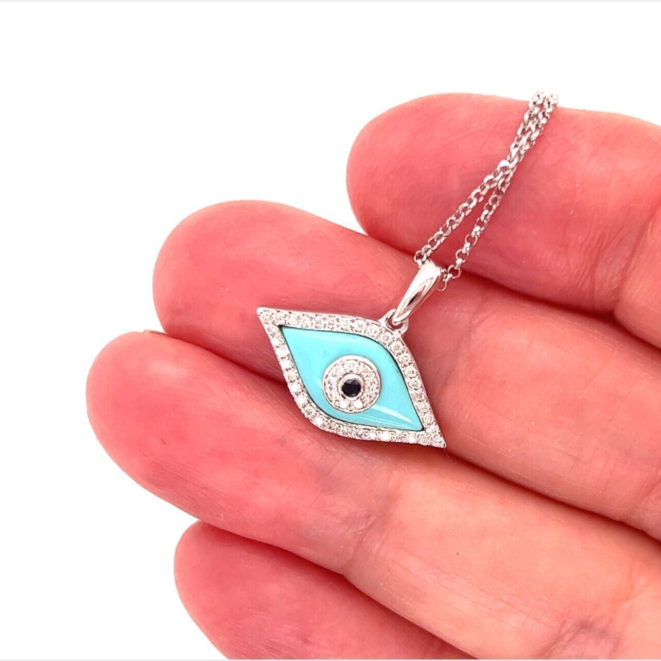 Turquoise Sapphire Evil Eye 18k White Gold Diamond Pendant Necklace
