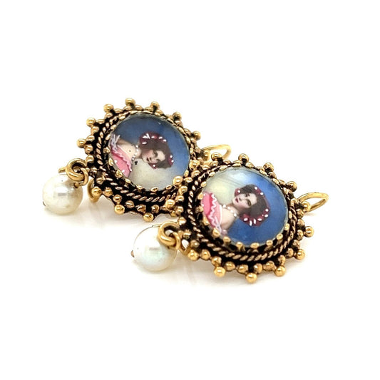 Painted Cameo & Pearl 14k Yellow Gold Earrings