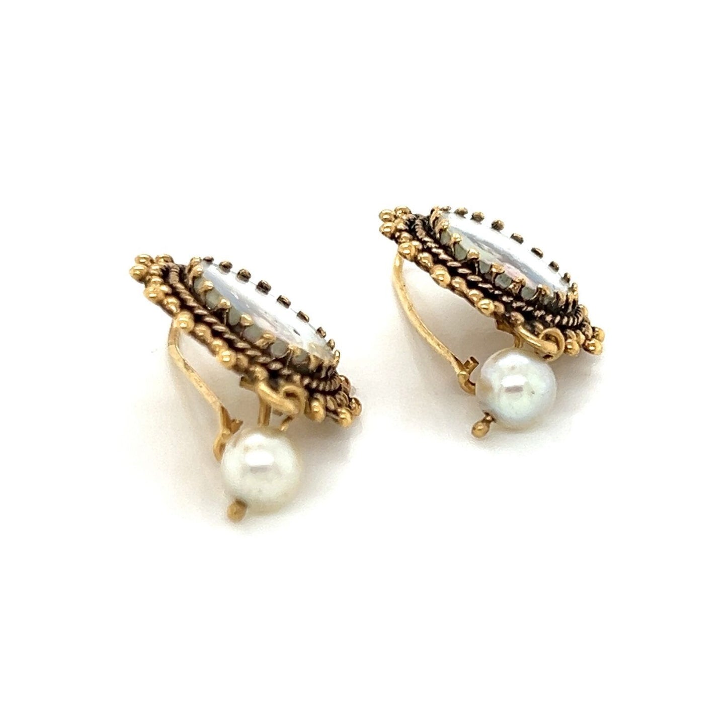 Painted Cameo & Pearl 14k Yellow Gold Earrings