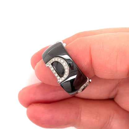 Damiani D Logo Diamond Black Ceramic 18k White Gold Band Ring