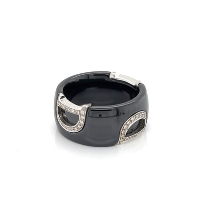 Damiani D Logo Diamond Black Ceramic 18k White Gold Band Ring