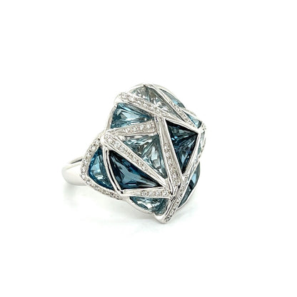 Bellarri 18k White Gold Diamond Blue Topaz  Geometric Design Ring