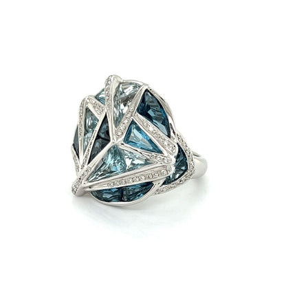 Bellarri 18k White Gold Diamond Blue Topaz  Geometric Design Ring