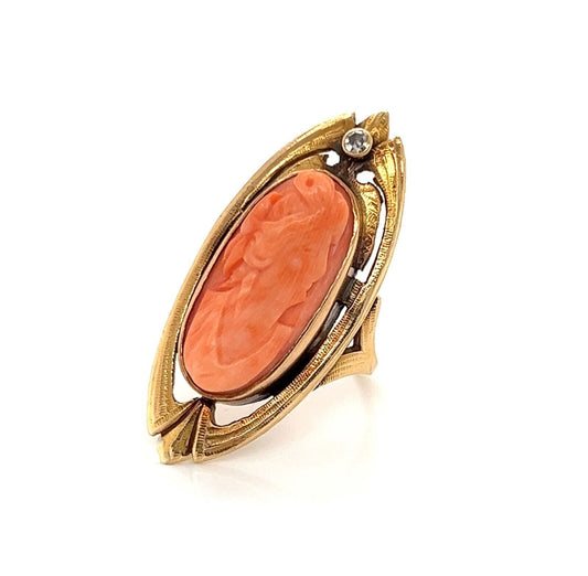 Diamond & Coral Cameo 14k Yellow Gold Long Finger Ring