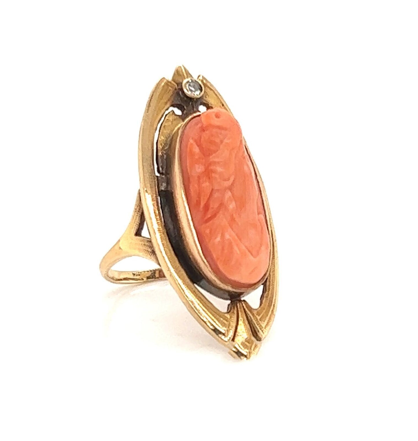 Diamond & Coral Cameo 14k Yellow Gold Long Finger Ring