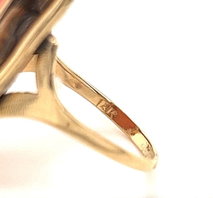 Diamond & Coral Cameo 14k Yellow Gold Long Finger Ring