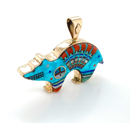 Turquoise Coral Opal Inlay 14k Yellow Gold Bear Charm Pendant