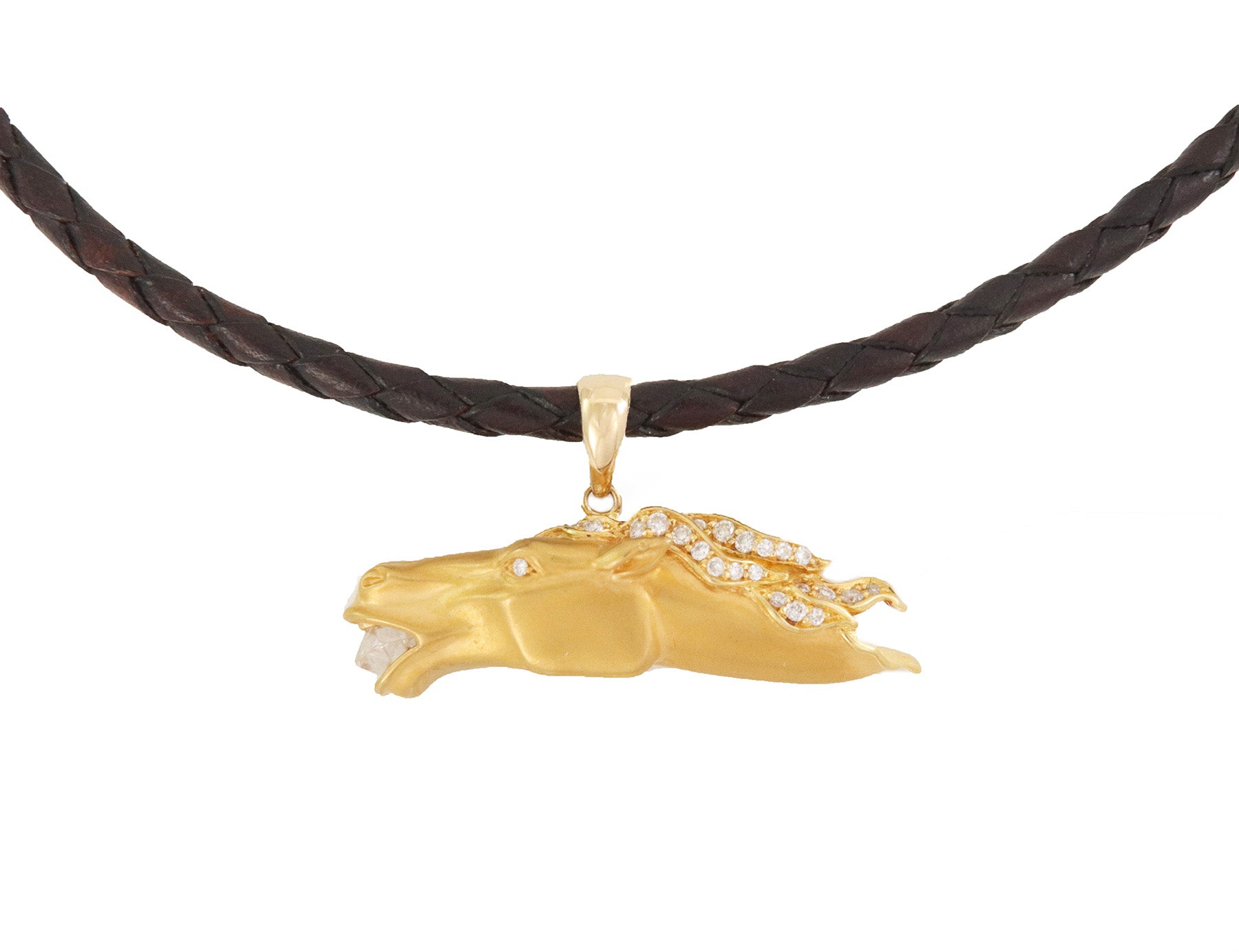 18k Yellow Gold Horse Pendant Woven Cord Necklace