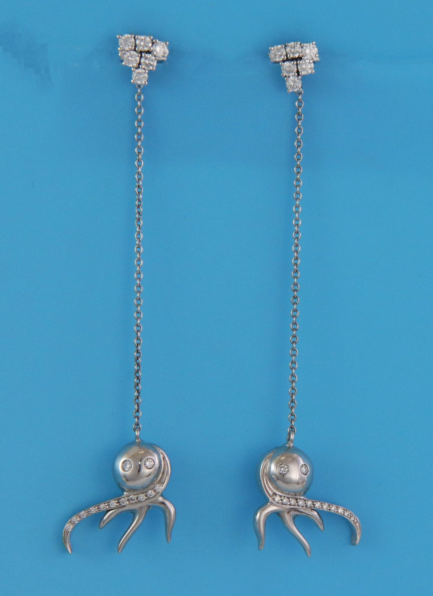 Zydo 18k White Gold Diamond Octopus Long Drop Dangle Earrings